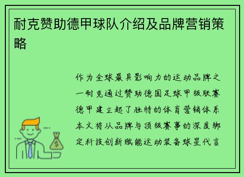 耐克赞助德甲球队介绍及品牌营销策略